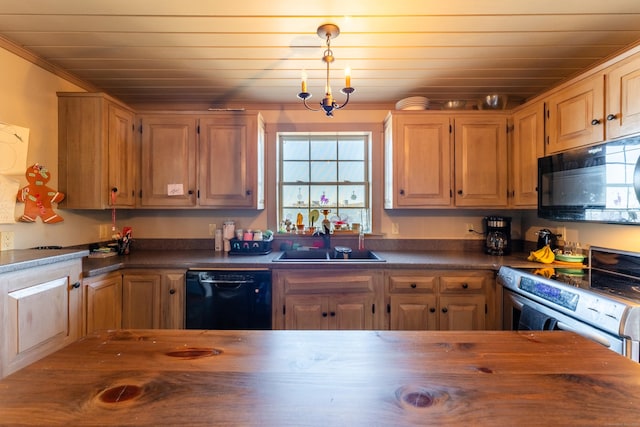 kitchen with sink, crown molding, black appliances, wooden ceiling, and a chandelier