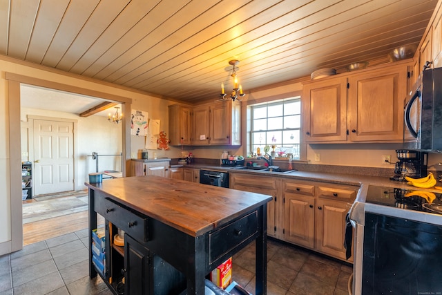 kitchen with sink, wooden counters, wooden ceiling, black dishwasher, and electric stove