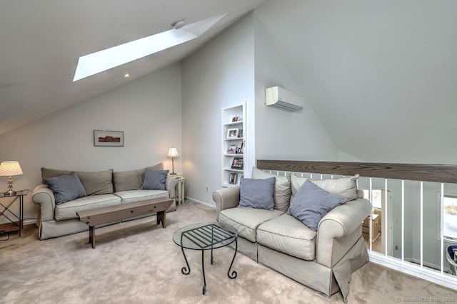 carpeted living room with built in shelves, lofted ceiling with skylight, and a wall mounted AC