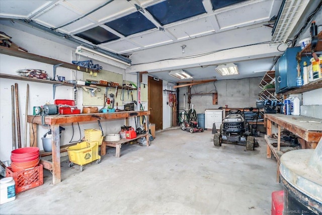 garage featuring a workshop area