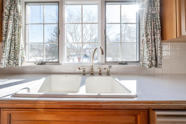 interior details with sink and decorative backsplash