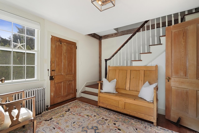 foyer featuring radiator, stairway, plenty of natural light, and wood finished floors
