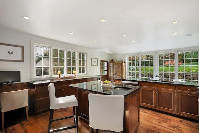 kitchen featuring a sink, a center island with sink, wood finished floors, and recessed lighting