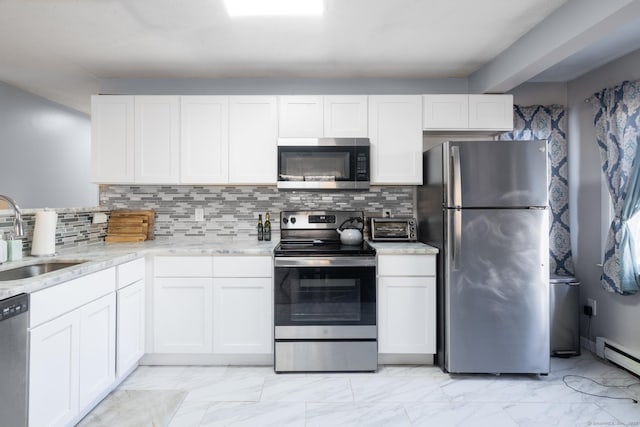 kitchen featuring a baseboard heating unit, white cabinetry, appliances with stainless steel finishes, and sink