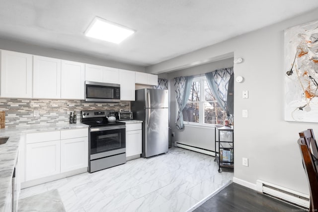 kitchen with white cabinetry, appliances with stainless steel finishes, and a baseboard heating unit