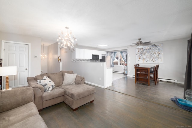 living room with a baseboard radiator, dark hardwood / wood-style floors, and ceiling fan with notable chandelier