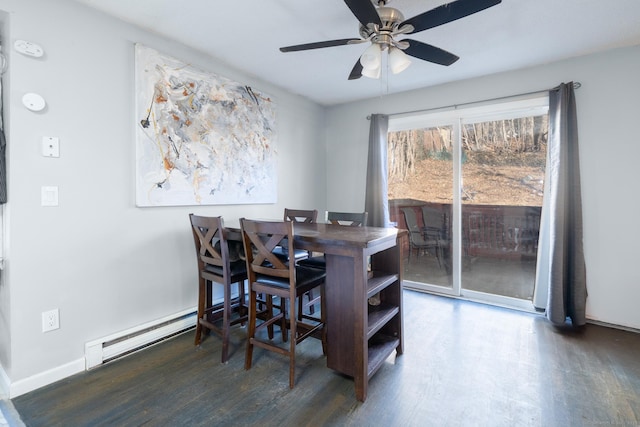 dining room featuring baseboard heating, ceiling fan, and dark hardwood / wood-style floors