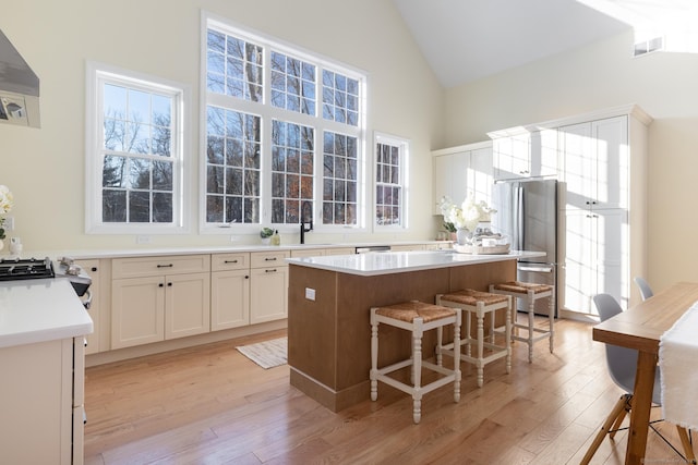 kitchen with light hardwood / wood-style floors, a center island, white cabinets, and appliances with stainless steel finishes