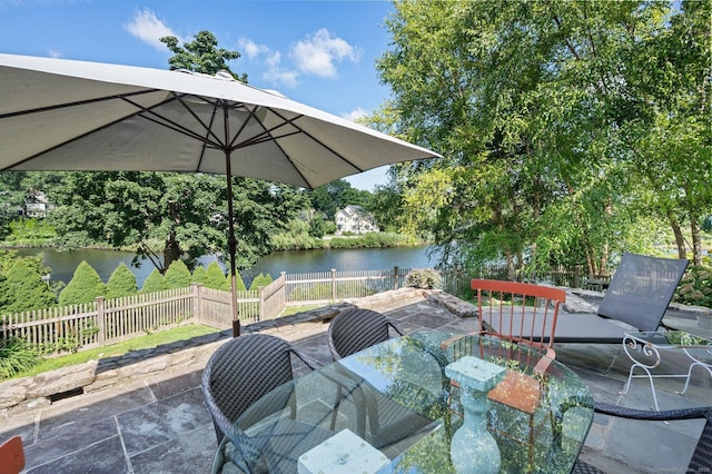 view of patio / terrace with a water view