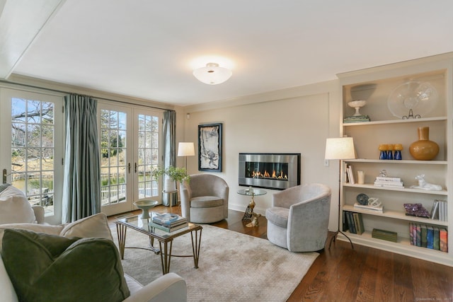 living room featuring dark wood-type flooring and french doors