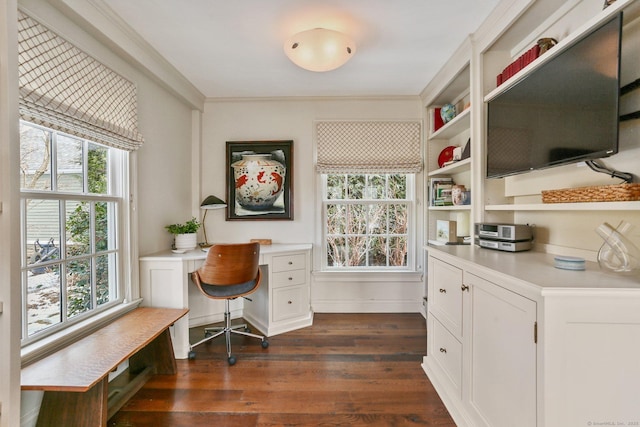 office space with built in desk, ornamental molding, and dark hardwood / wood-style floors