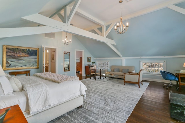 bedroom with lofted ceiling with beams, dark hardwood / wood-style floors, and an inviting chandelier