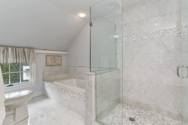 bathroom with vaulted ceiling, separate shower and tub, and toilet