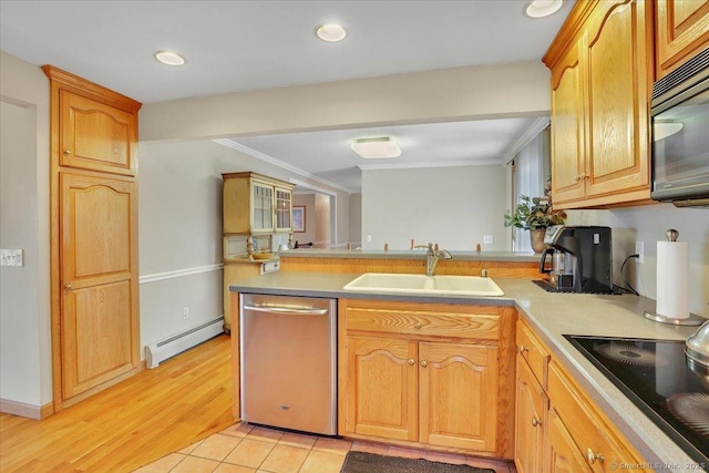 kitchen featuring baseboard heating, stainless steel dishwasher, a sink, a peninsula, and black electric cooktop