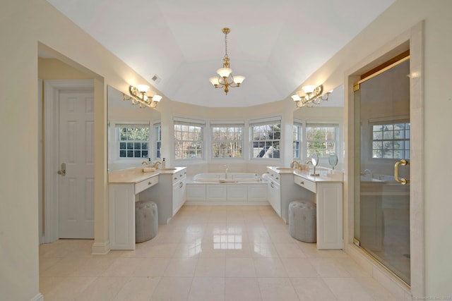 bathroom with tile patterned floors, sink, an inviting chandelier, vaulted ceiling, and independent shower and bath