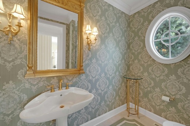 bathroom featuring ornamental molding and sink