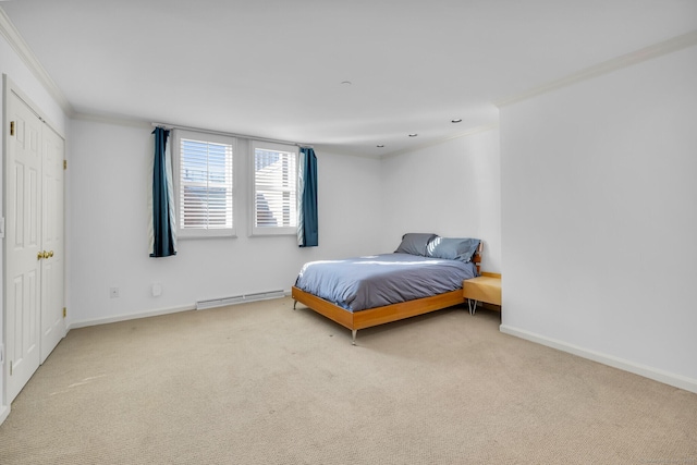 carpeted bedroom featuring a baseboard radiator and ornamental molding