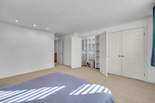 carpeted bedroom with crown molding