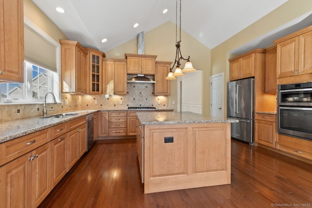 kitchen with sink, a center island, hanging light fixtures, appliances with stainless steel finishes, and range hood