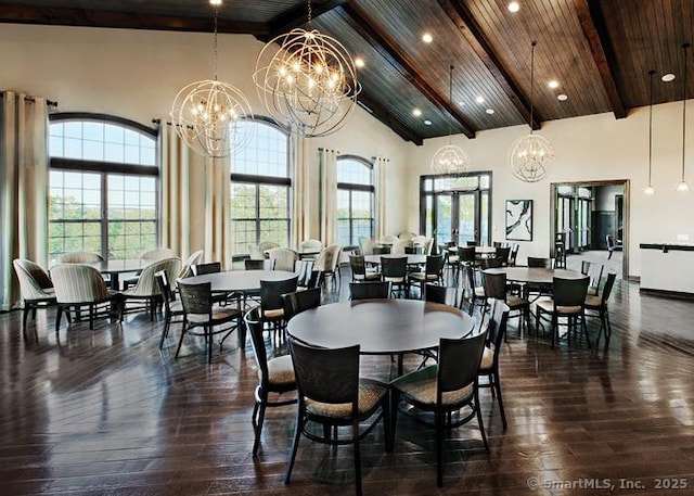 dining area with dark hardwood / wood-style floors, a chandelier, high vaulted ceiling, and wooden ceiling