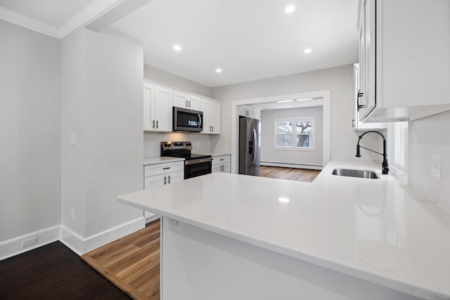 kitchen with white cabinetry, sink, stainless steel appliances, and kitchen peninsula