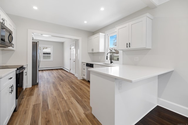 kitchen with appliances with stainless steel finishes, white cabinetry, sink, light hardwood / wood-style floors, and kitchen peninsula