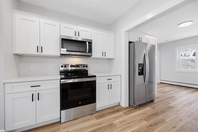 kitchen with a baseboard radiator, light hardwood / wood-style floors, white cabinets, and appliances with stainless steel finishes