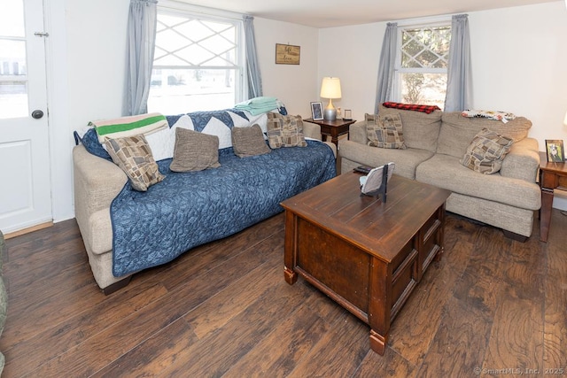 living room with dark hardwood / wood-style floors and a healthy amount of sunlight