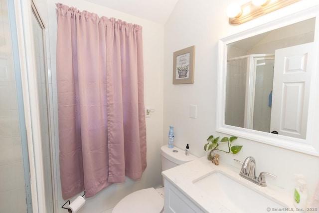 bathroom featuring vanity, toilet, and a shower with shower door