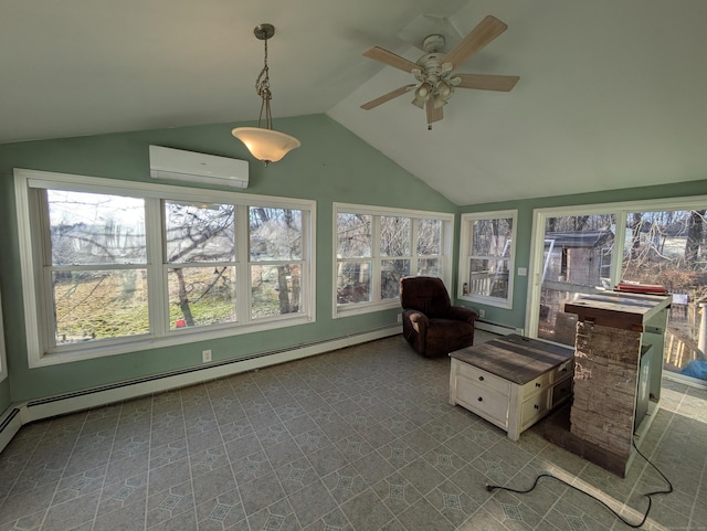 sunroom / solarium with lofted ceiling, a baseboard heating unit, a wall unit AC, and plenty of natural light