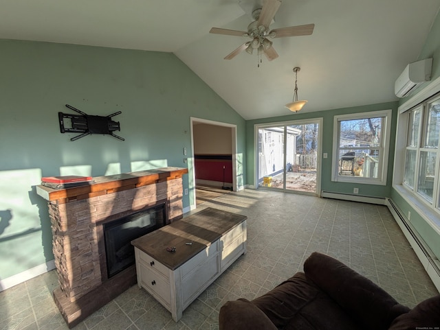 living room with vaulted ceiling, a stone fireplace, a wall mounted air conditioner, and baseboard heating