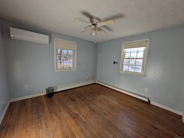 unfurnished room with baseboard heating, ceiling fan, dark hardwood / wood-style flooring, and a wall mounted AC