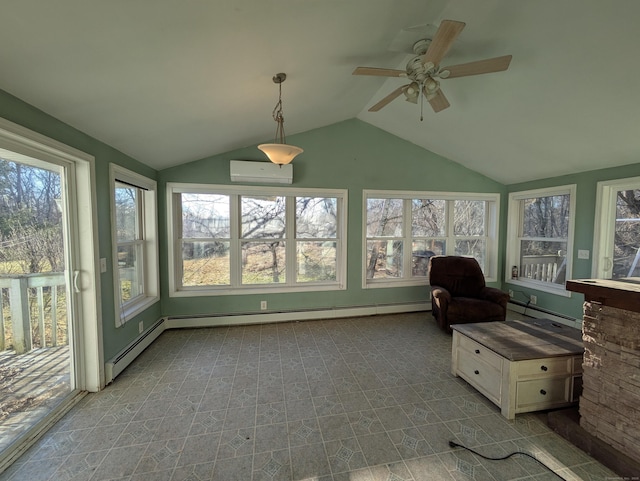 sunroom / solarium featuring ceiling fan, a baseboard radiator, vaulted ceiling, and a wall unit AC