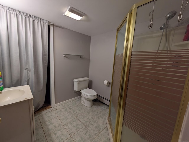 bathroom featuring walk in shower, vanity, toilet, and a baseboard heating unit