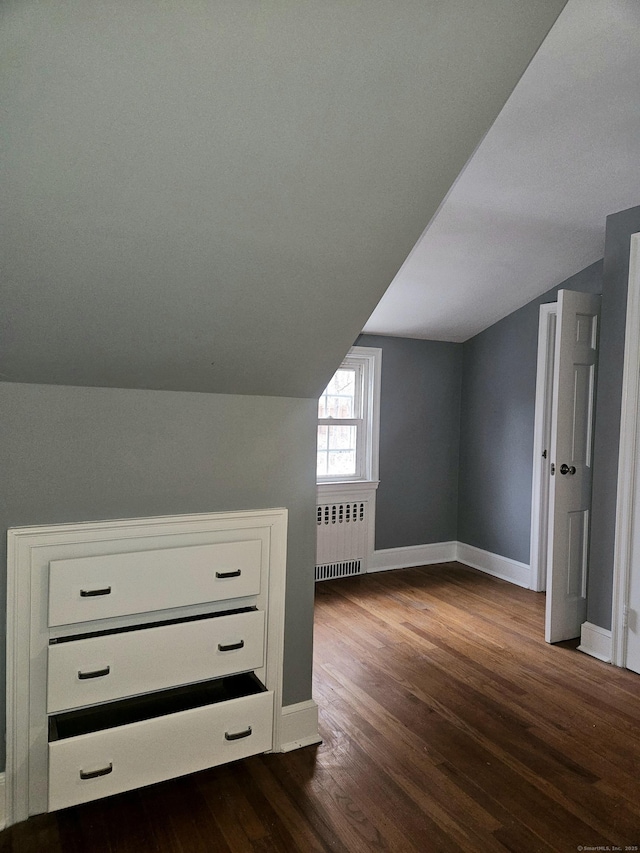 additional living space with lofted ceiling, radiator heating unit, and hardwood / wood-style floors