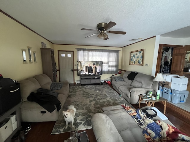 living room with ceiling fan and a textured ceiling