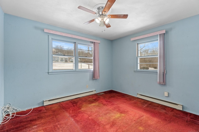 unfurnished room with ceiling fan, carpet, and a baseboard heating unit