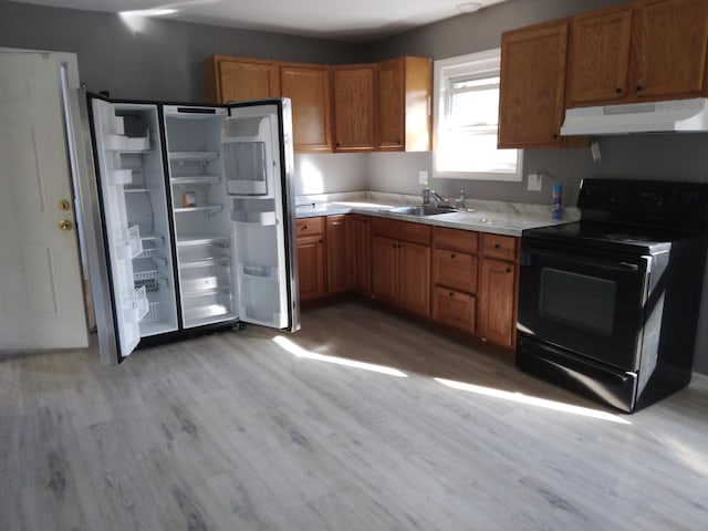 kitchen featuring black range with electric stovetop, sink, stainless steel refrigerator, and light hardwood / wood-style flooring