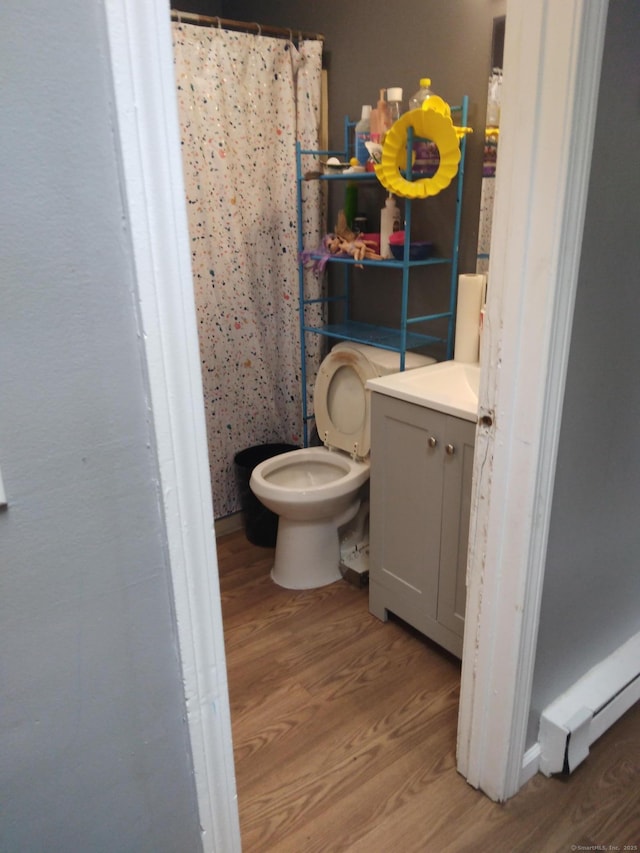 bathroom with vanity, wood-type flooring, and toilet