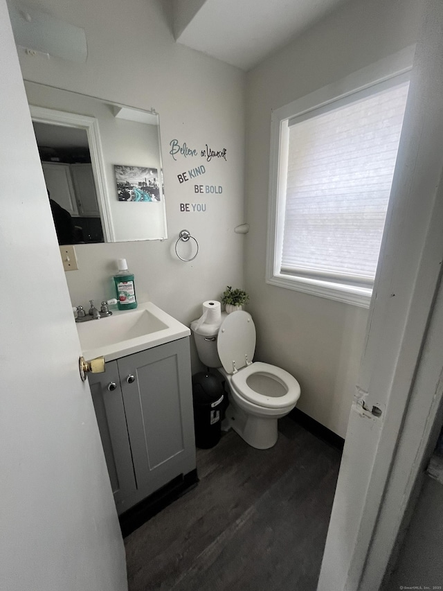 bathroom with vanity, hardwood / wood-style flooring, and toilet