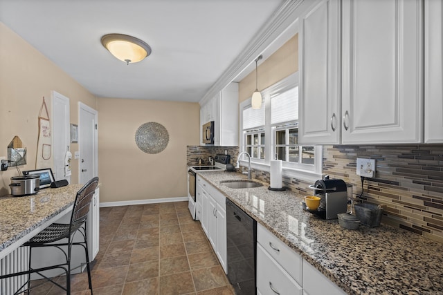 kitchen featuring pendant lighting, sink, white electric range, dishwasher, and white cabinetry