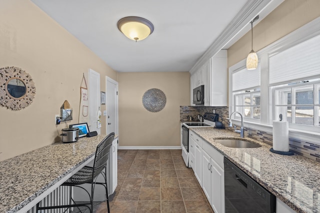 kitchen featuring white cabinetry, sink, hanging light fixtures, black appliances, and light stone countertops