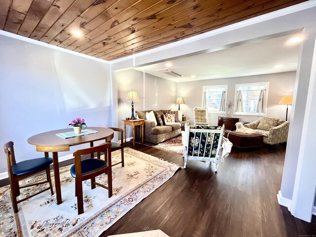 living room with dark hardwood / wood-style floors and wood ceiling