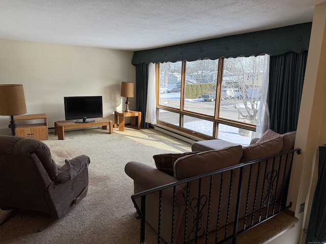 living room with a baseboard radiator, a textured ceiling, and carpet flooring