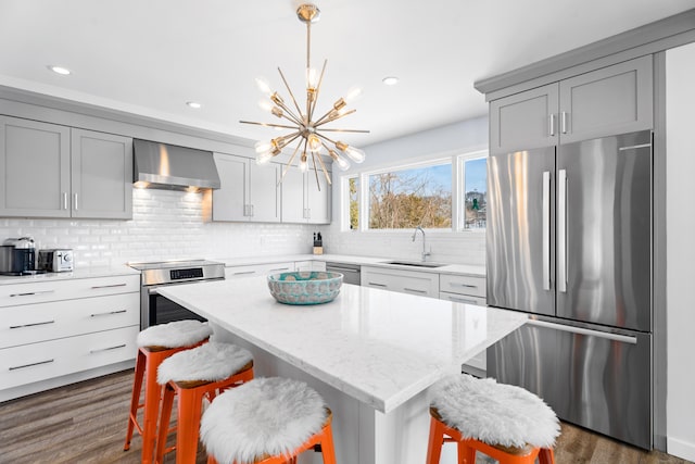 kitchen with wall chimney range hood, sink, a breakfast bar, appliances with stainless steel finishes, and a kitchen island