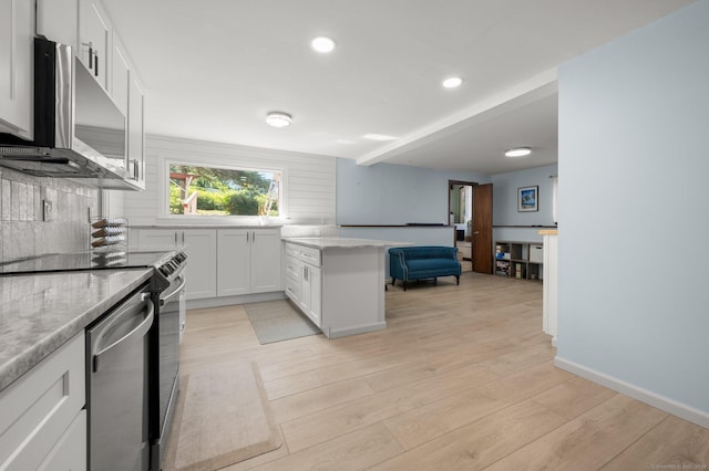 kitchen featuring range with electric stovetop, tasteful backsplash, white cabinets, stainless steel dishwasher, and light hardwood / wood-style floors