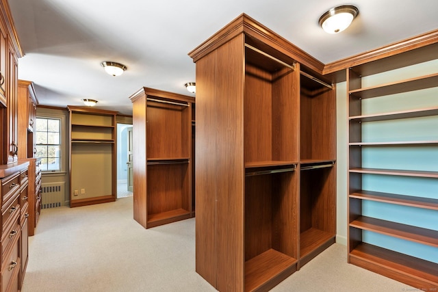 spacious closet with light carpet and radiator heating unit