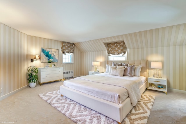 bedroom with carpet flooring and radiator heating unit