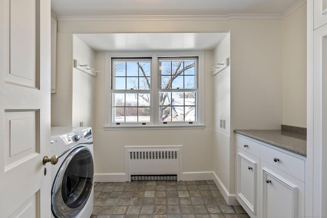 laundry room with cabinets, crown molding, washer / dryer, and radiator