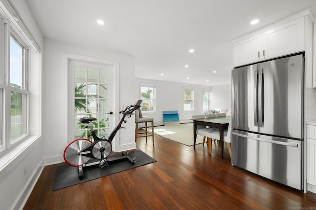 workout room featuring dark hardwood / wood-style flooring and a healthy amount of sunlight